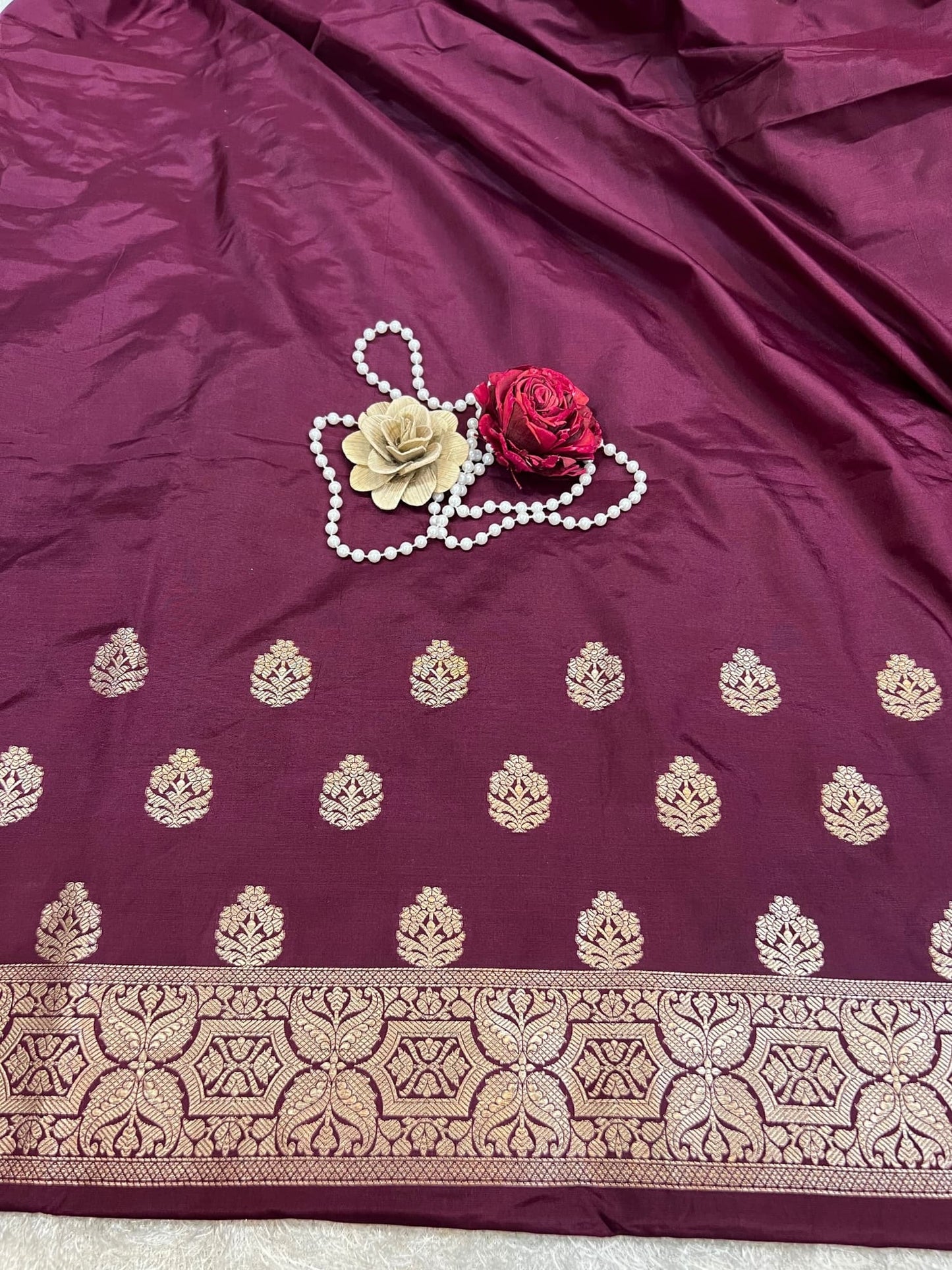 Wine Banarasi Katan Silk Suit Set with Zari Buta and Brocade Dupatta