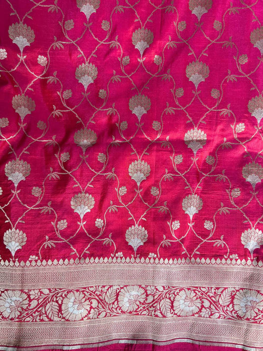 Rani Pink Katan Silk Saree with floral jaal closeup view