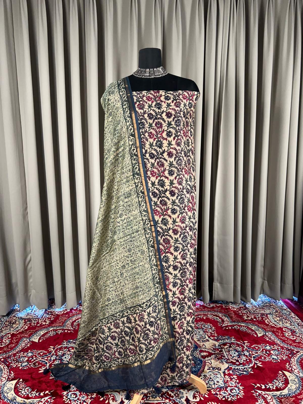 Royal Blue Mul Chanderi Suit with floral and abstract hand block full view