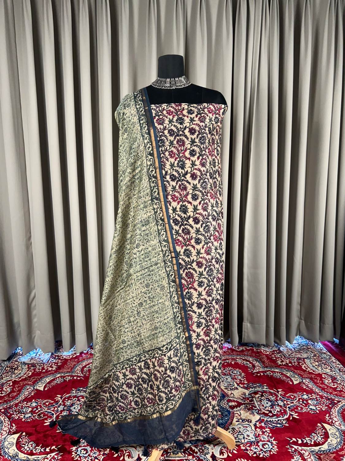 Navy Blue Mul Chanderi suit with  floral block print full view