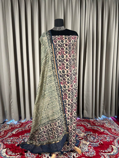 Navy Blue Mul Chanderi suit with  floral block print full view