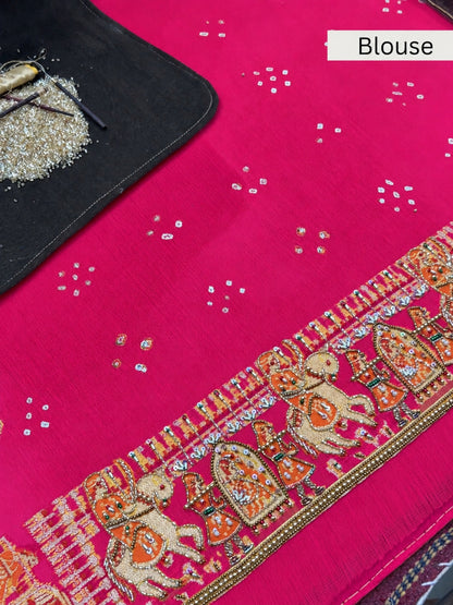 Hot Pink Bandhej Saree