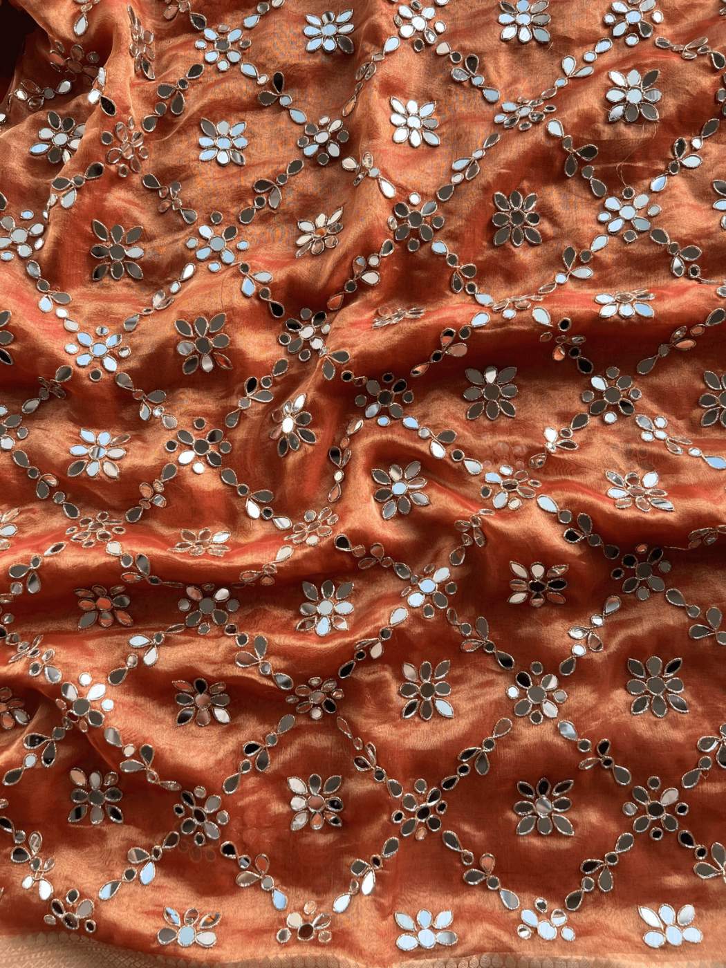 Orange Tissue Silk Saree - Aaina Close up View