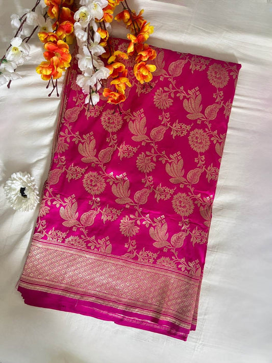 Rani Pink Katan Silk Saree with  floral and leafy vine front view