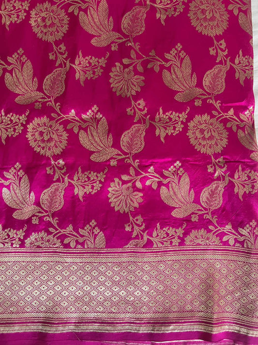 Rani Pink Katan Silk Saree with  floral and leafy vine closeup view