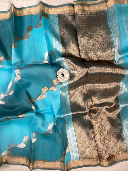 Sky Blue Kora Silk Saree full View