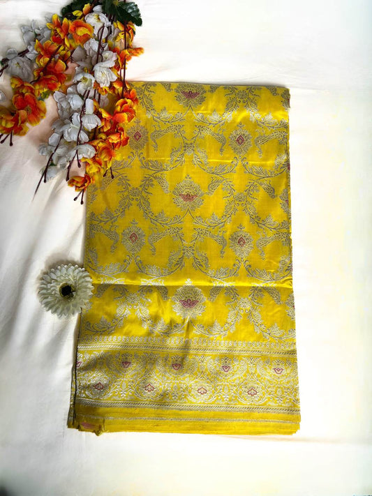 Yellow Katan Silk Saree with floral jaal front view