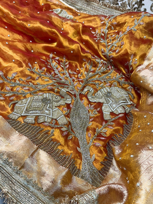 Elegant Kanjivaram Gold Tissue Silk Saree with traditional Elephant corner design