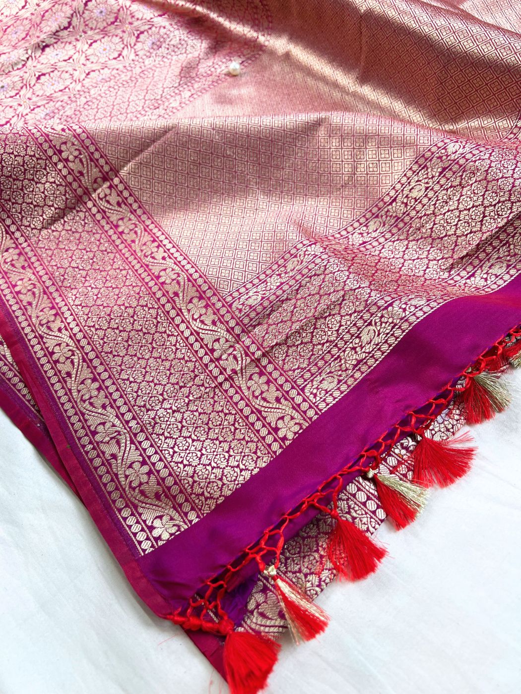 Magenta Pink Katan Silk Saree Aanchal view