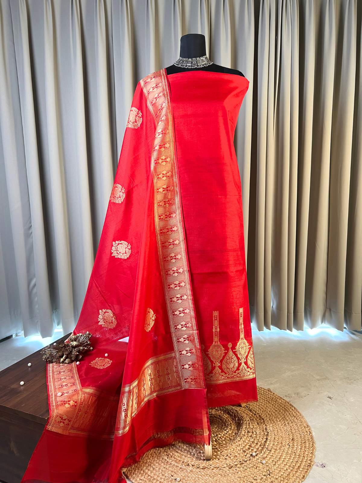 Red cotton silk suit with zari and woven border full view