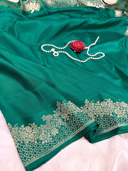 Manatavya Banaras green Katan silk saree with rich Banarasi weave, smooth texture and classic traditional elegance