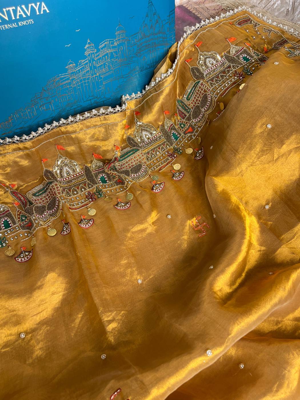  Biscuit Gold Tissue Silk Saree with Ganga Ghat Hand Embroidery Closeup view