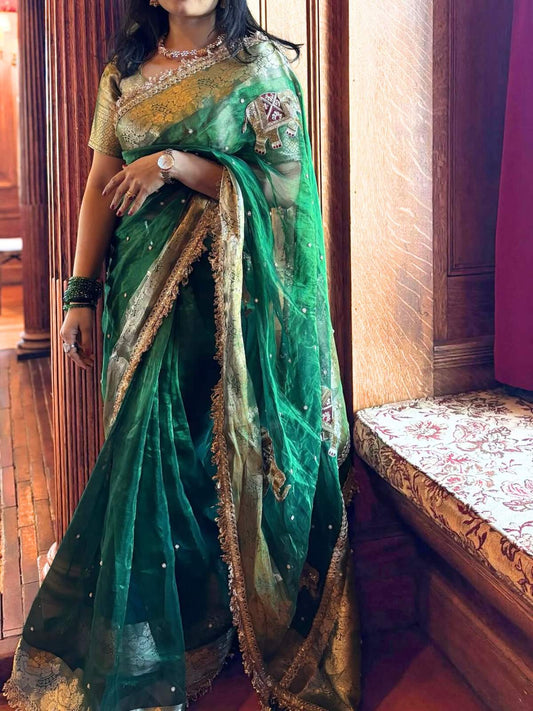 Hand-Embroidered Green Banarasi Tissue Silk Saree with Elephant Motifs and Gota Patti Border, Ideal for Wedding & Festive Occasions