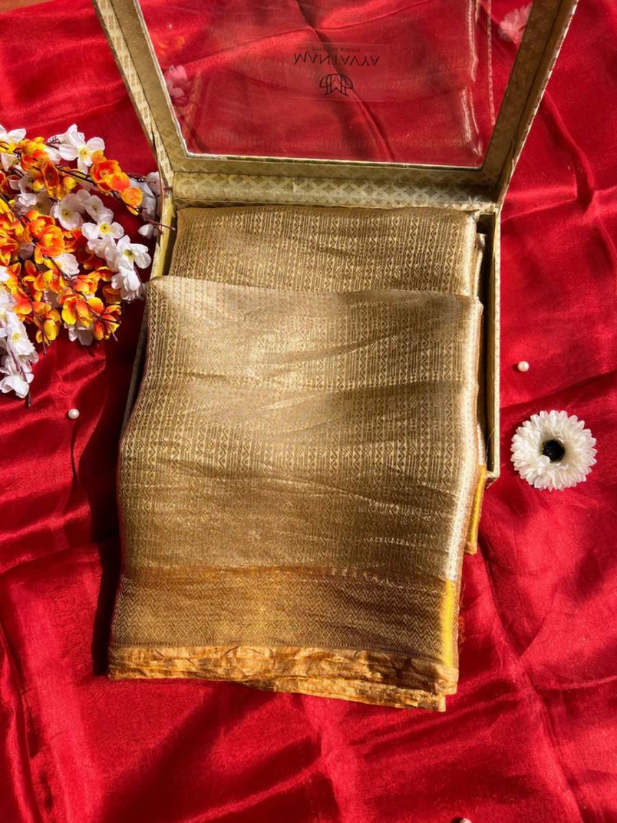 Antique Gold Brocade Tissue Silk Saree Showcase View