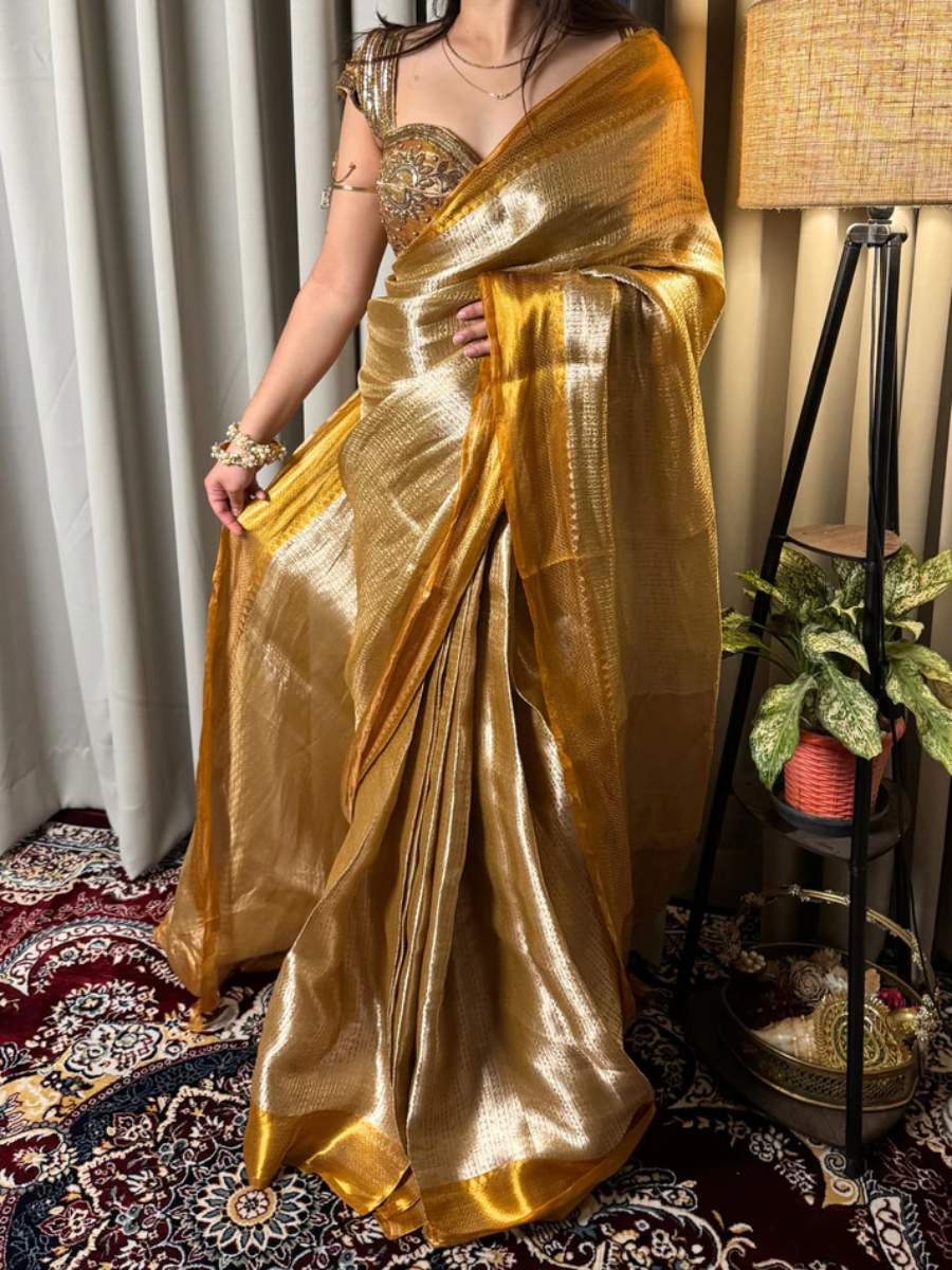 Antique Gold Brocade Tissue Silk Saree Model View