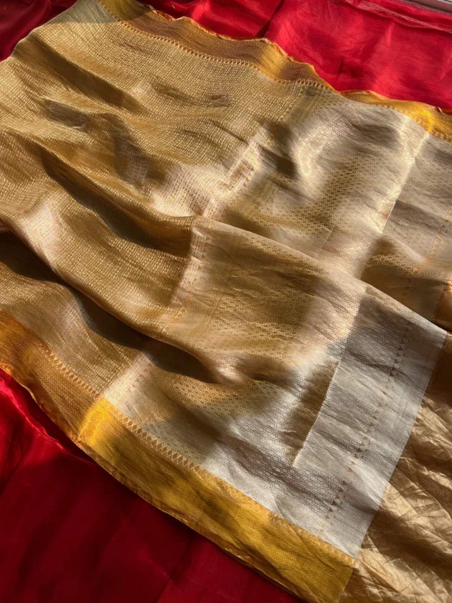 Antique Gold Brocade Tissue Silk Saree Full view
