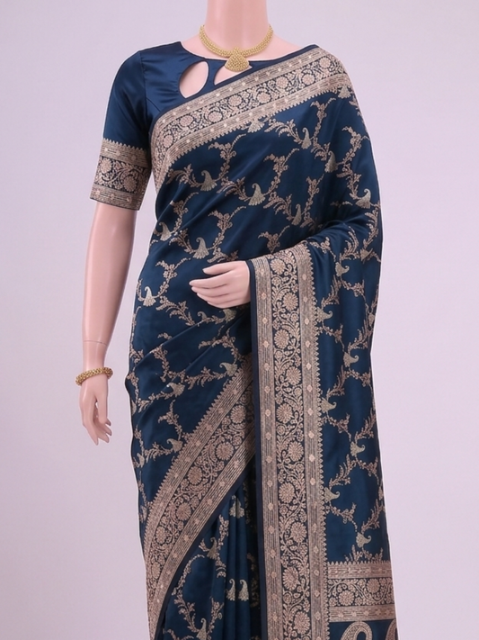 Navy Blue Katan Silk Saree Dummy View 02