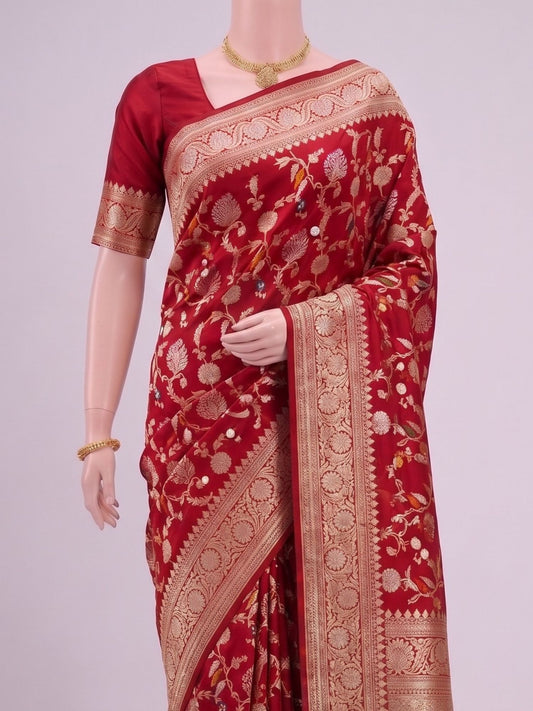 Red Katan Silk Saree with Floral Dummy View 02
