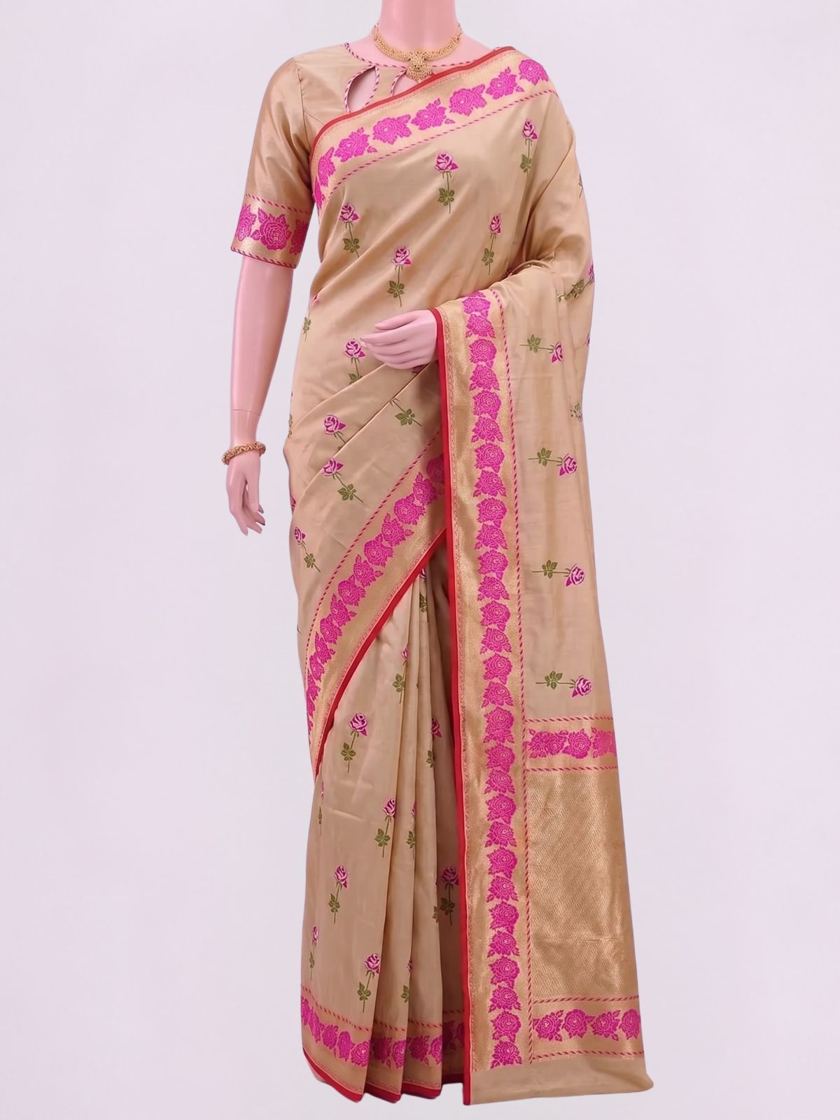 Beige Katan Silk Saree Dummy View 01