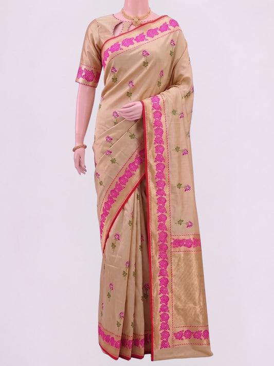 Beige Katan Silk Saree Dummy View 01