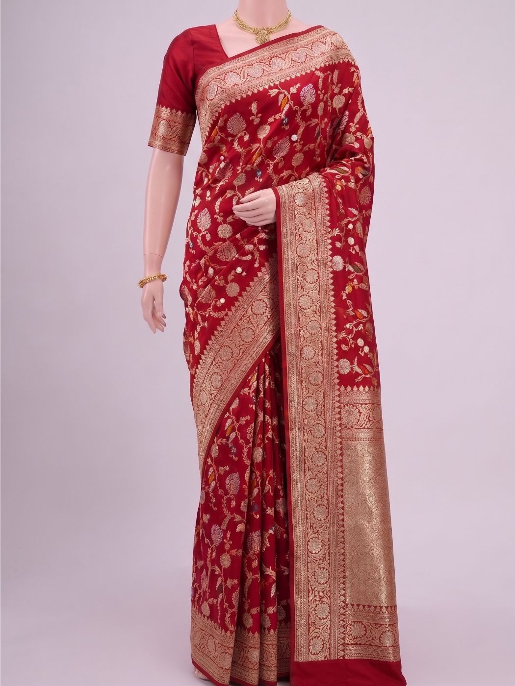 Red Katan Silk Saree with Floral Dummy View 01
