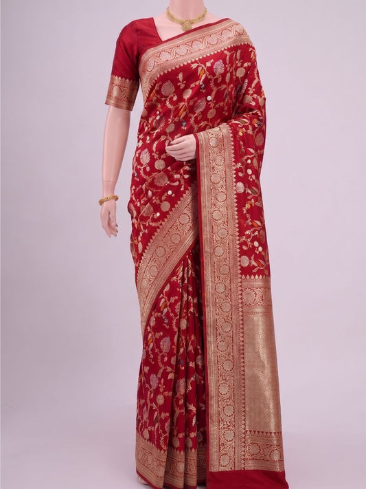 Red Katan Silk Saree with Floral Dummy View 01