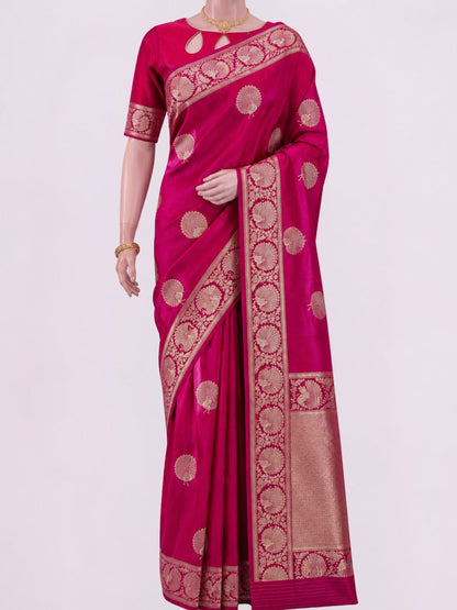 Pink Katan Silk Saree with floral dummy view 01