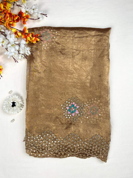 Copper Brown Tissue Silk Saree with  mirror detailing and elegant scalloped border front view