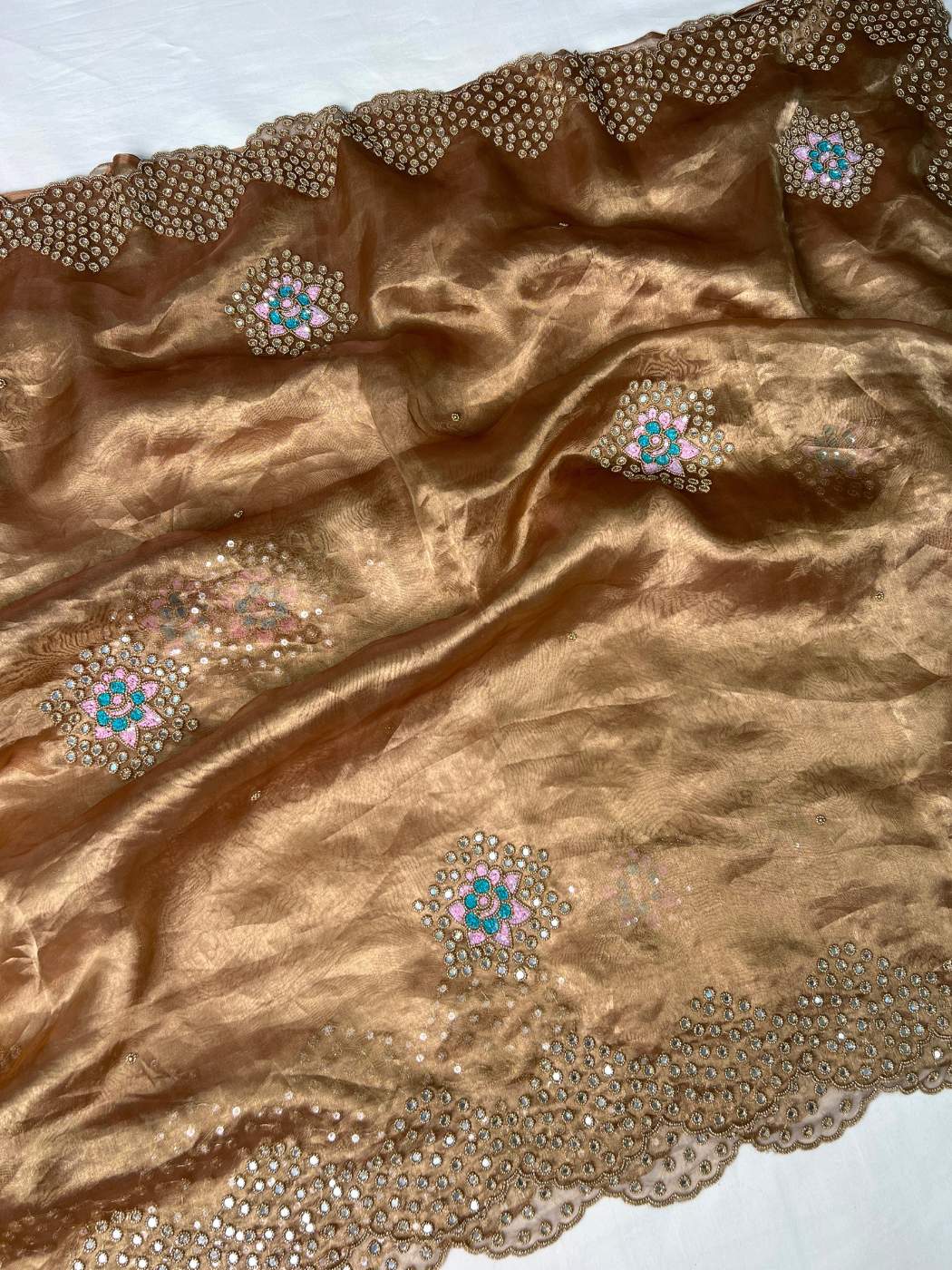 Copper Brown Tissue Silk Saree with  mirror detailing and elegant scalloped border full view