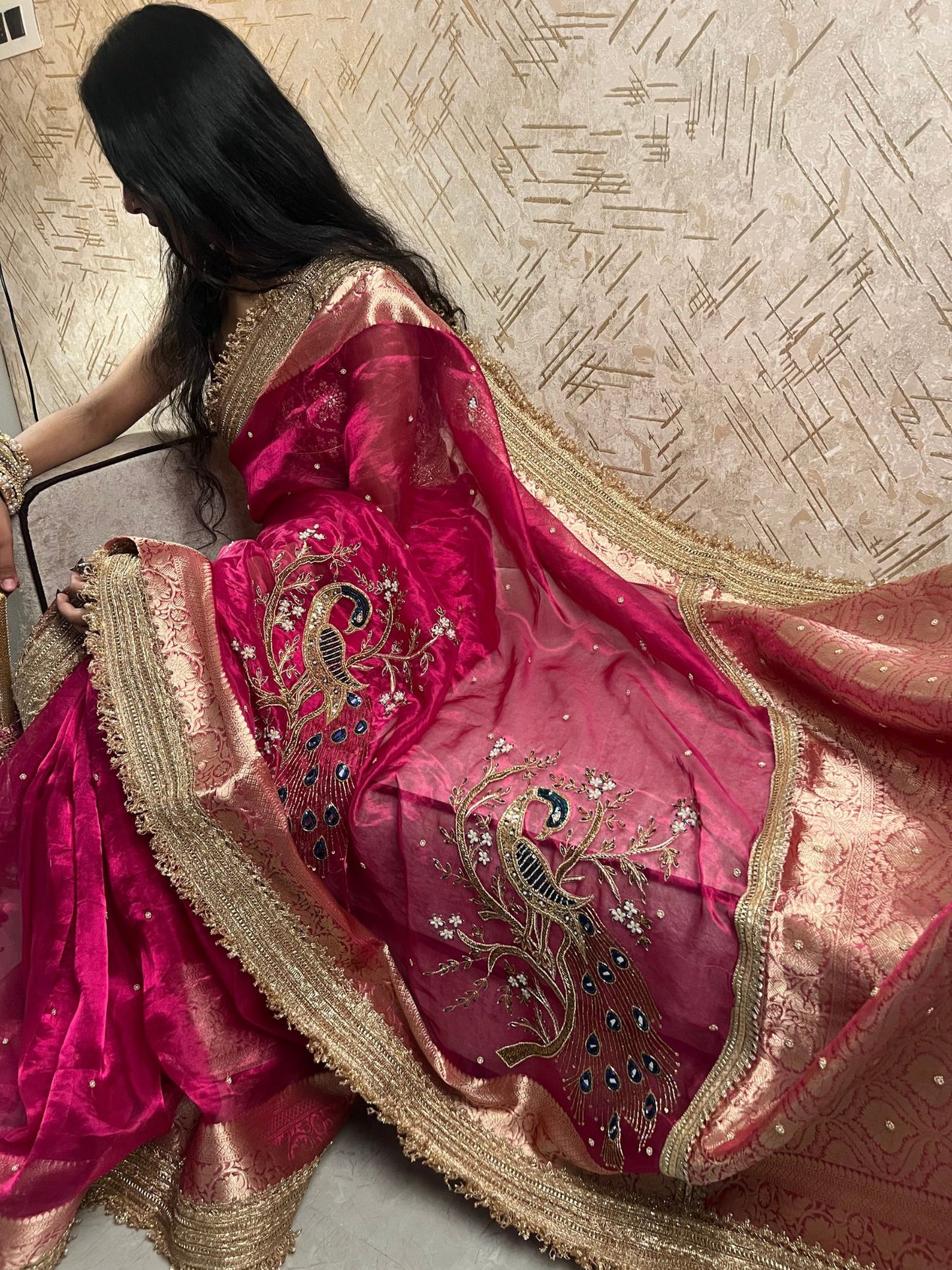 Designer Hot Pink Morni Saree crafted in rich Banarasi tissue silk with intricate hand embroidery and morni artwork - Mantavya banaras