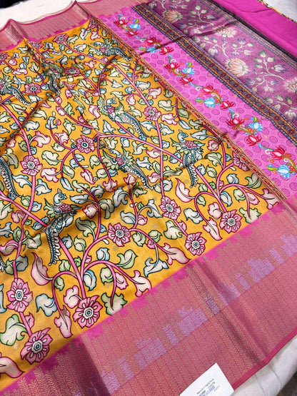 Digital print saree with pink border and yellow center section featuring detailed artwork – mantavya banaras