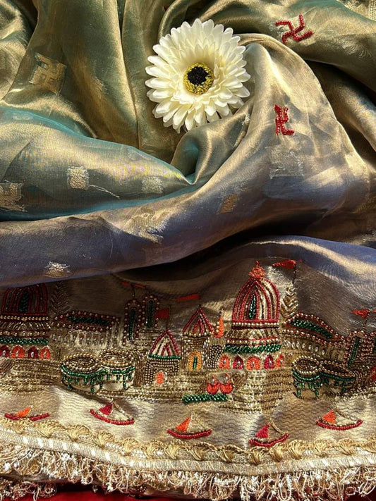 Dual Shade Tissue silk saree Kashi ghat closeup view 01