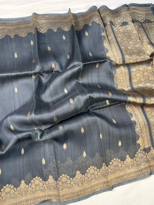 Elegant Grey Kora Silk Saree Full View