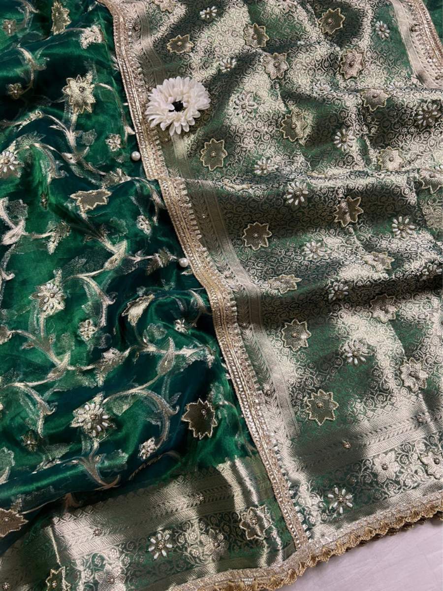 Emerald Green Tissue Silk Saree Closeup view