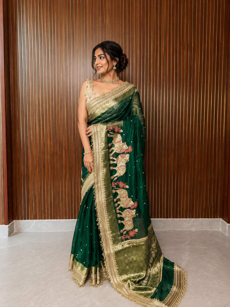 Green Tissue Silk Saree - Mantavya Banaras