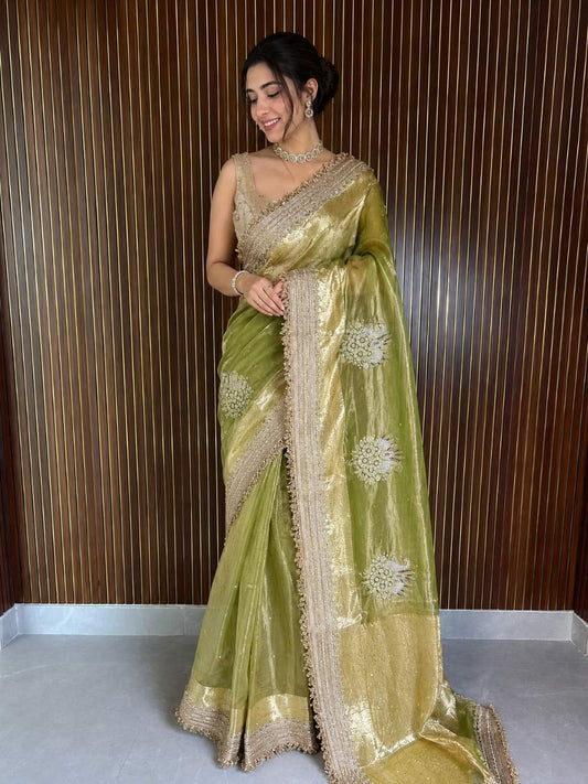 Green Tissue Silk Saree - Mantavya Banaras
