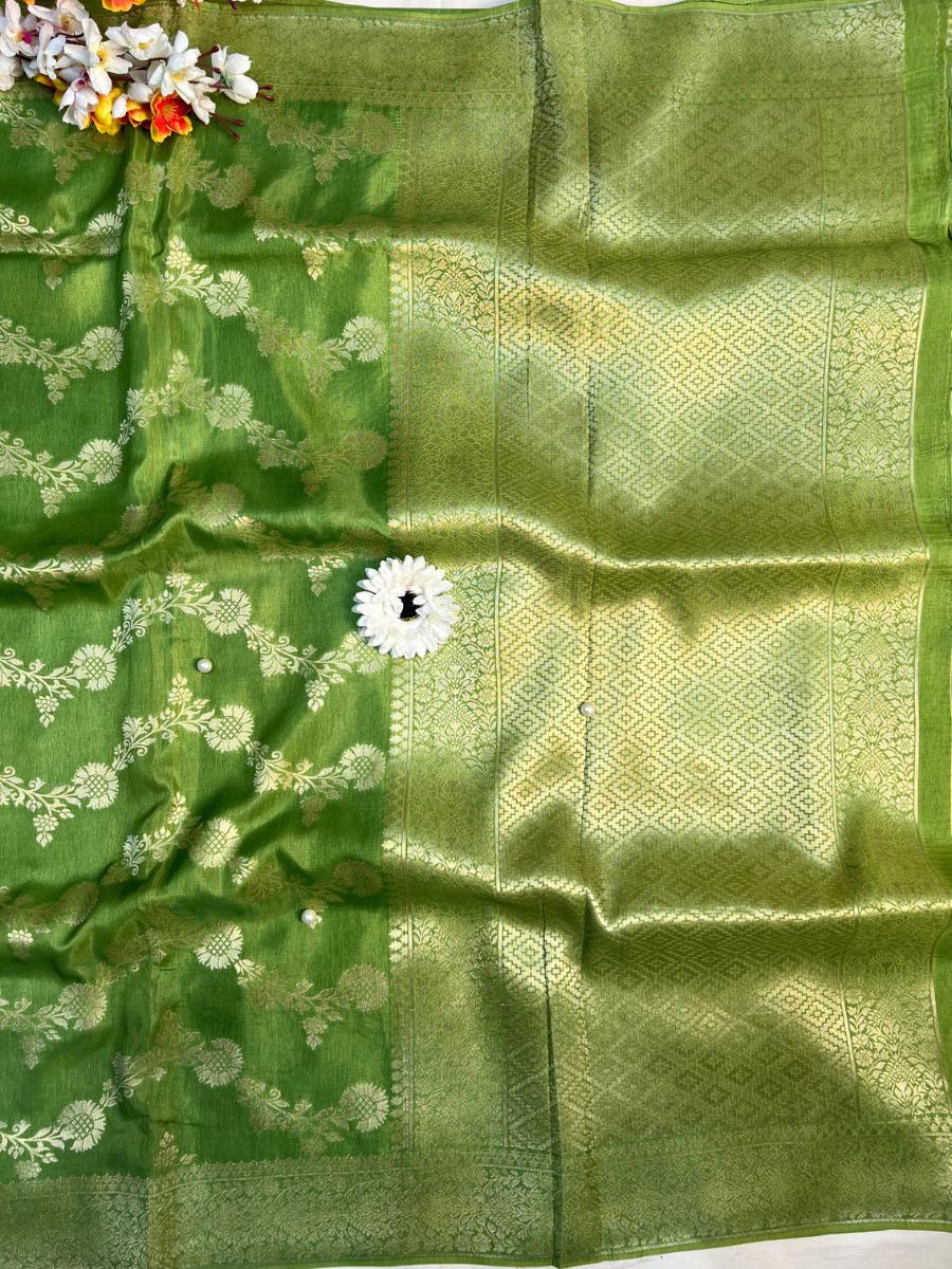 Green Viscose Silk Saree With woven zari pallu full view