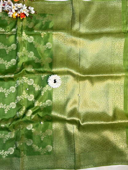 Green Viscose Silk Saree With woven zari pallu full view