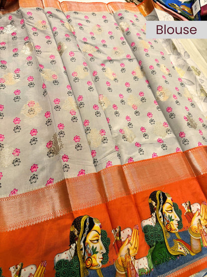 Grey and orange blouse with elegant contrast design – mantavya banaras