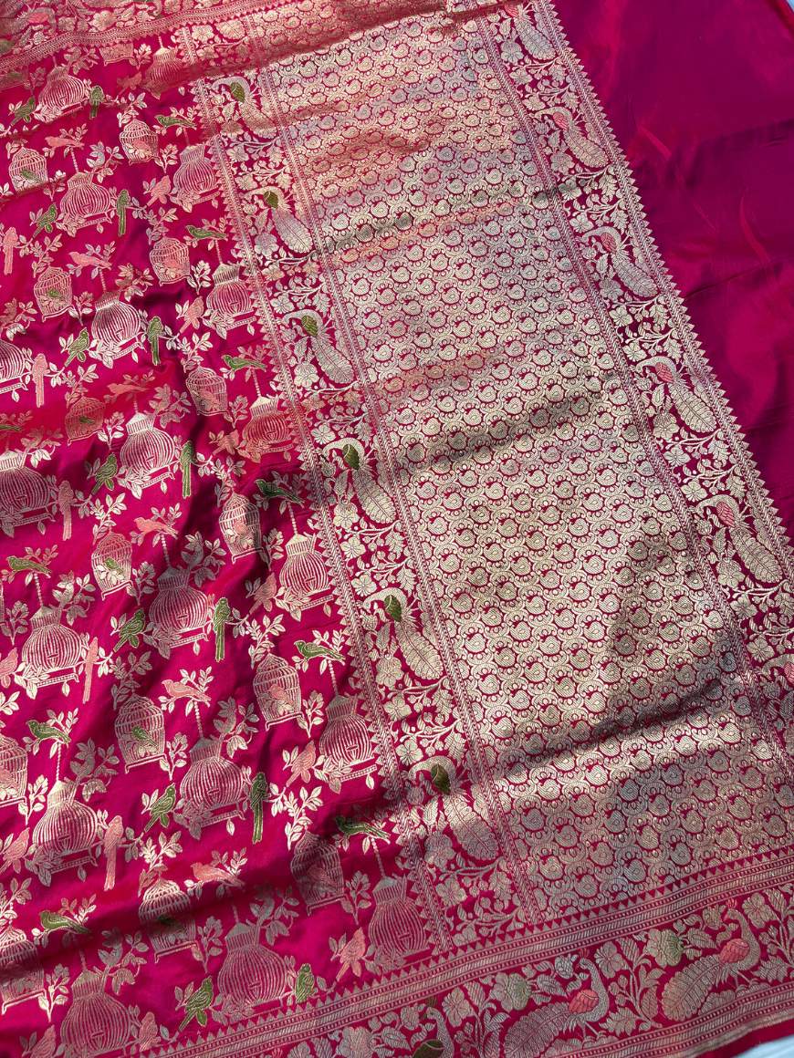  Hot Pink Katan Silk Saree Border view-Mantavya Banaras