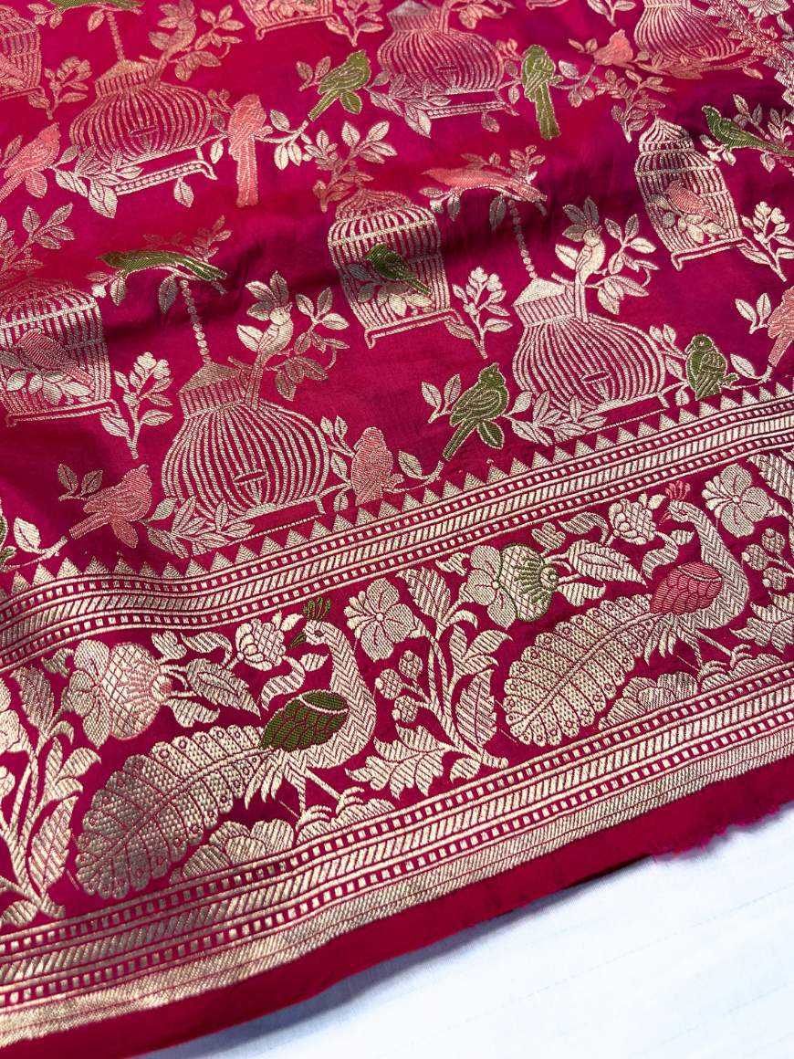  Hot Pink Katan Silk Saree Closeup view 02-Mantavya Banaras