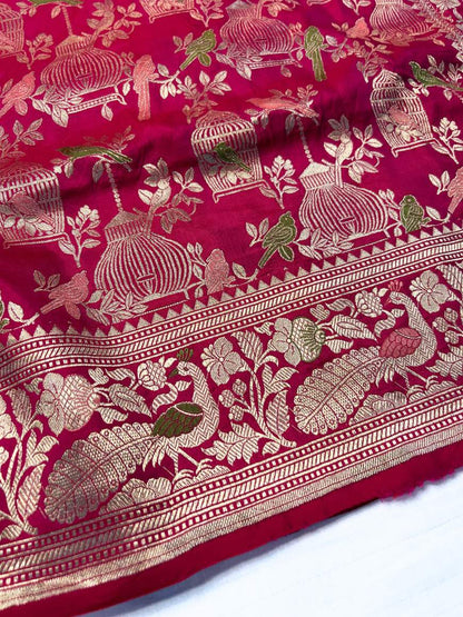  Hot Pink Katan Silk Saree Closeup view 02-Mantavya Banaras