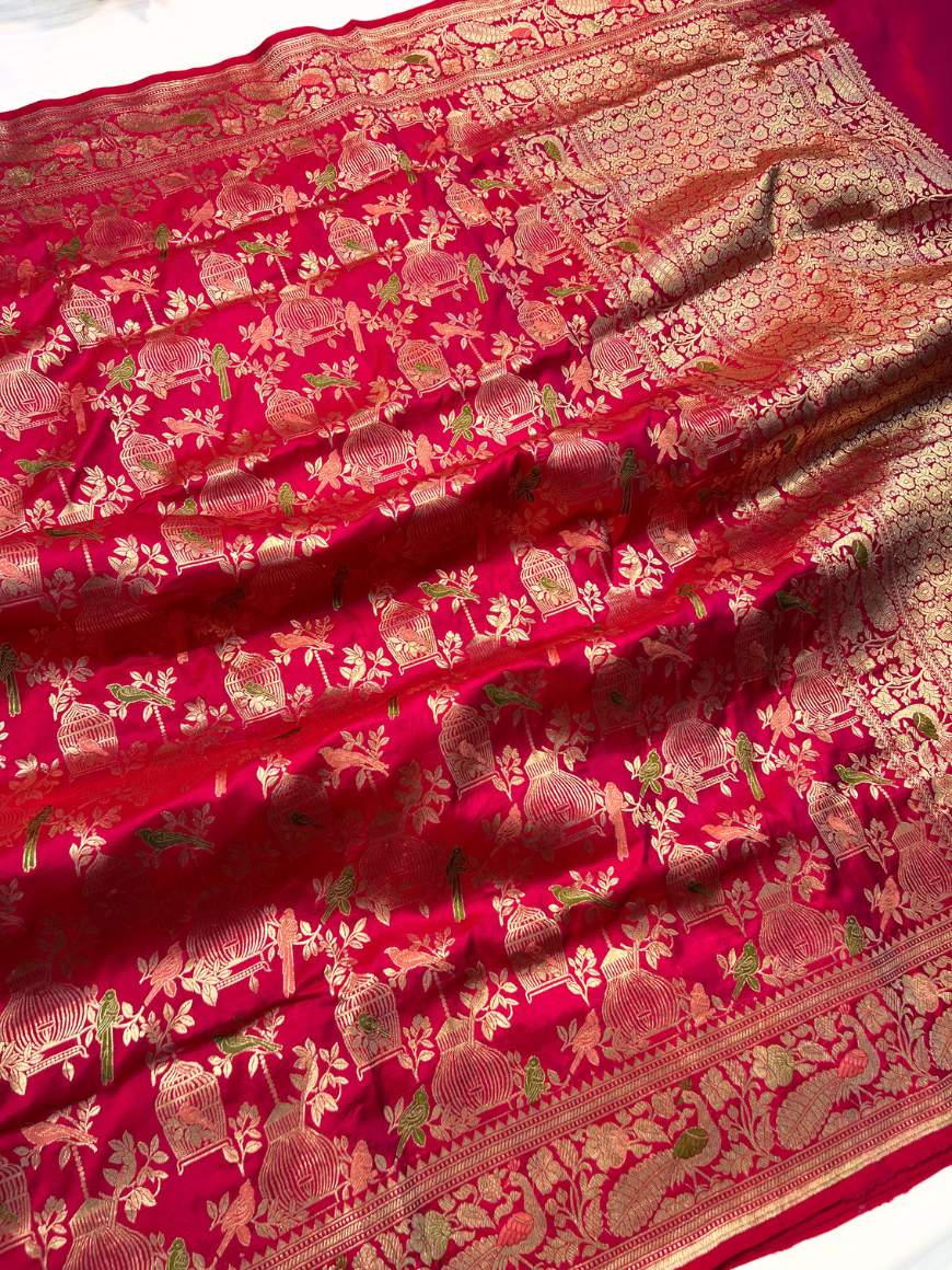  Hot Pink Katan Silk Saree full view-Mantavya Banaras