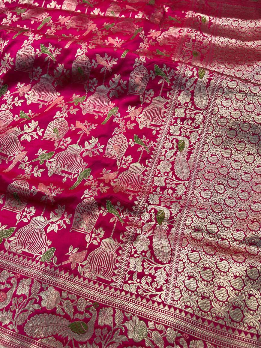  Hot Pink Katan Silk Saree Closeup view01-Mantavya Banaras