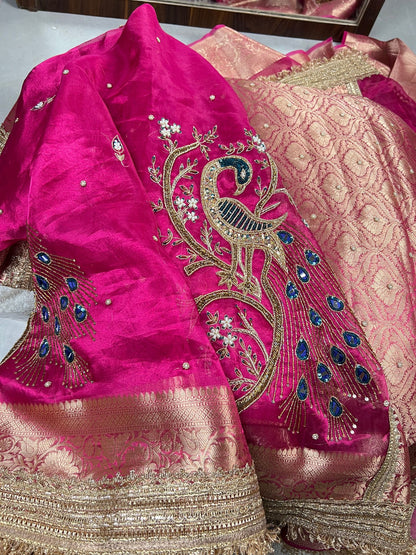 Hot Pink Morni Saree featuring luxury hand embroidery on premium Banarasi tissue silk with graceful peacock motifs - Mantavya Banaras.