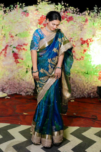 “Peacock Teal Blue Gajgamini saree with intricate embroidery and festive design” customer view