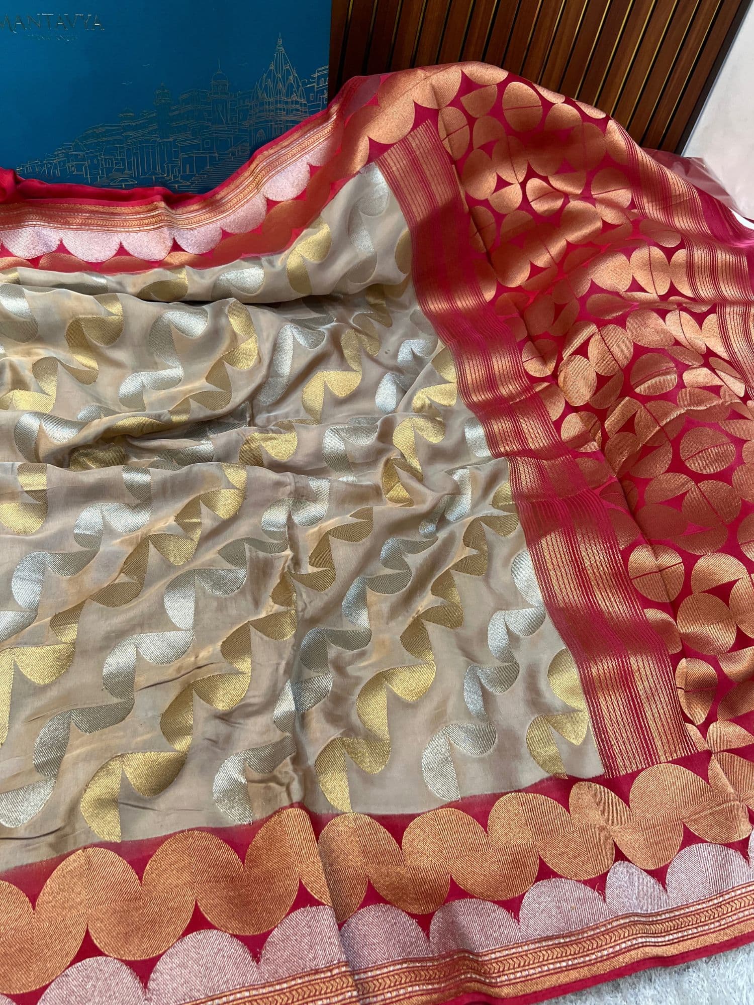 Elegant ivory Mashru silk fabric with rich texture and soft glossy traditional finish - mantavya banaras 