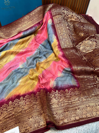 Elegant multi-colored Mashru silk fabric with rich texture and glossy traditional finish – Mantavya Banaras