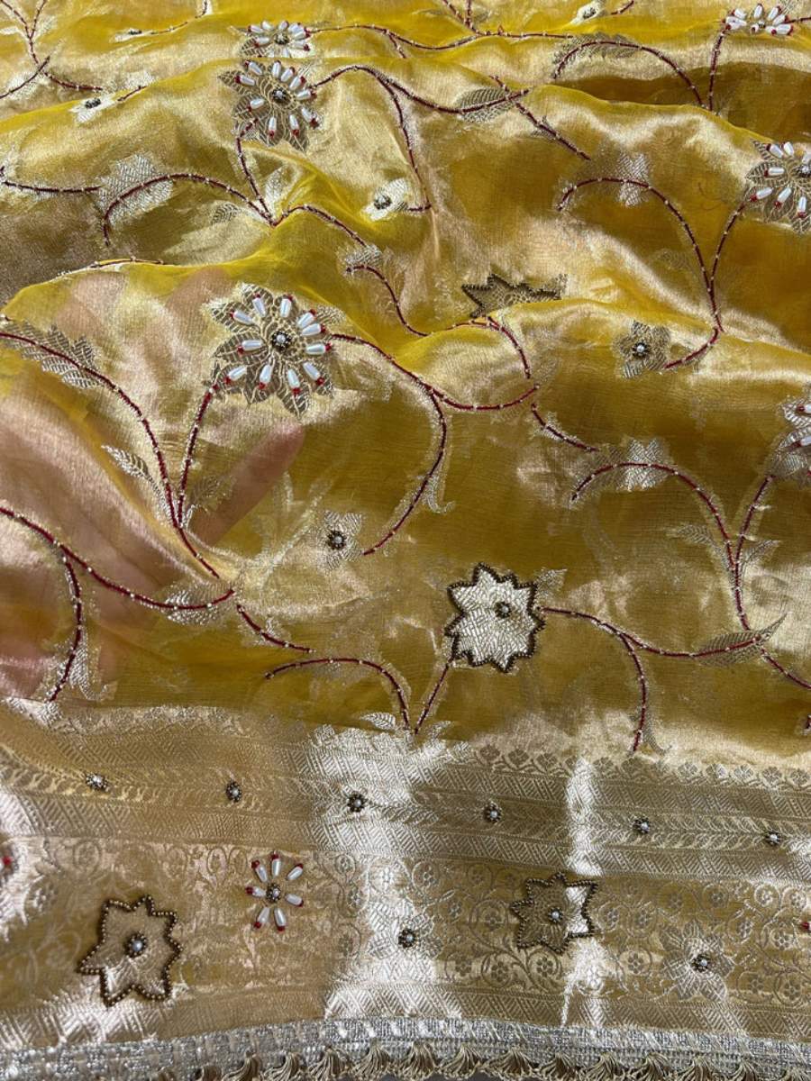 Mustard Gold Tissue Silk Phool jaal closeup view