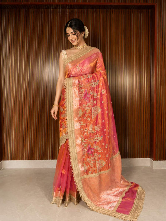 Orange Tissue Silk Saree - Mantavya Banaras